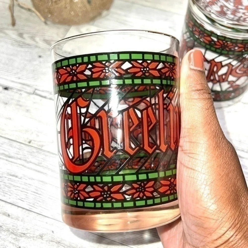 Vintage 1970s Set of Four Houze Signed Seasons Greetings Lowball Glasses